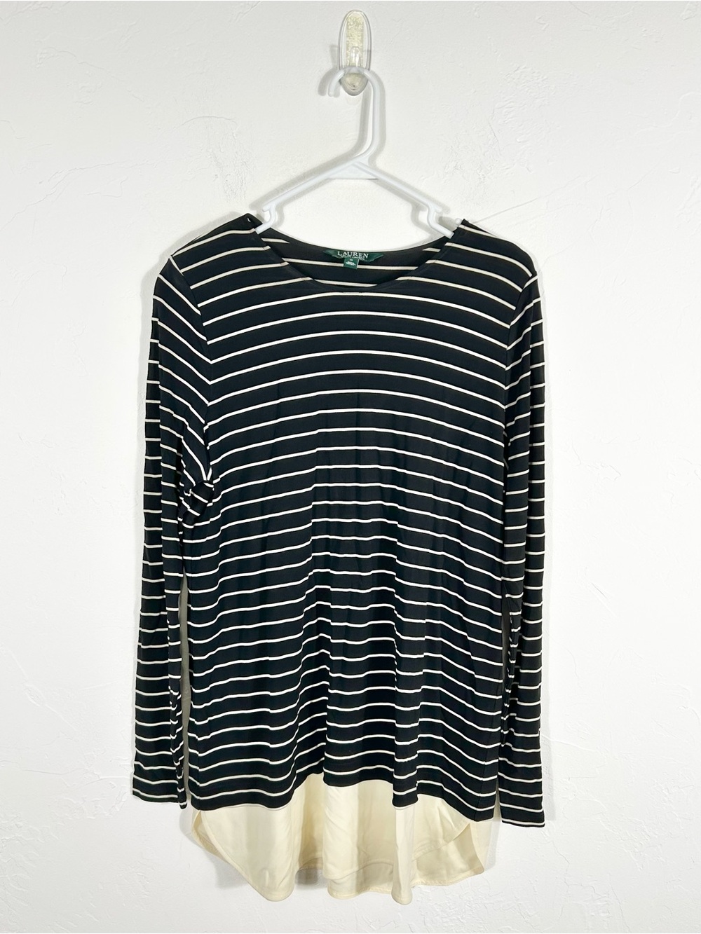 Lauren Ralph Lauren 1X Black White Striped Top Layered Cream Chiffon Hem LRL